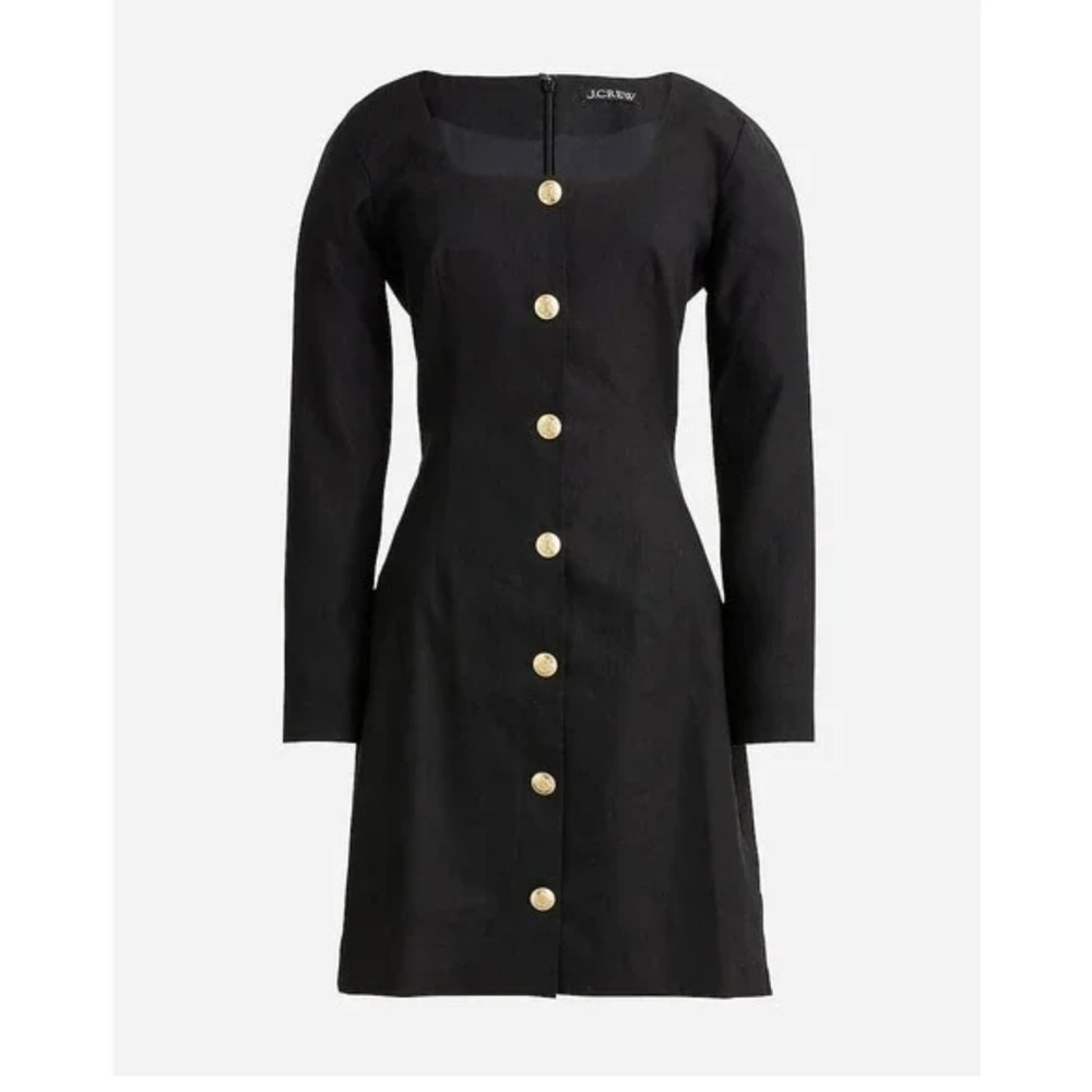 J Crew Long Sleeve Button Mini Dress Black Linen Blend Square Neck size 12 - Picture 2 of 8